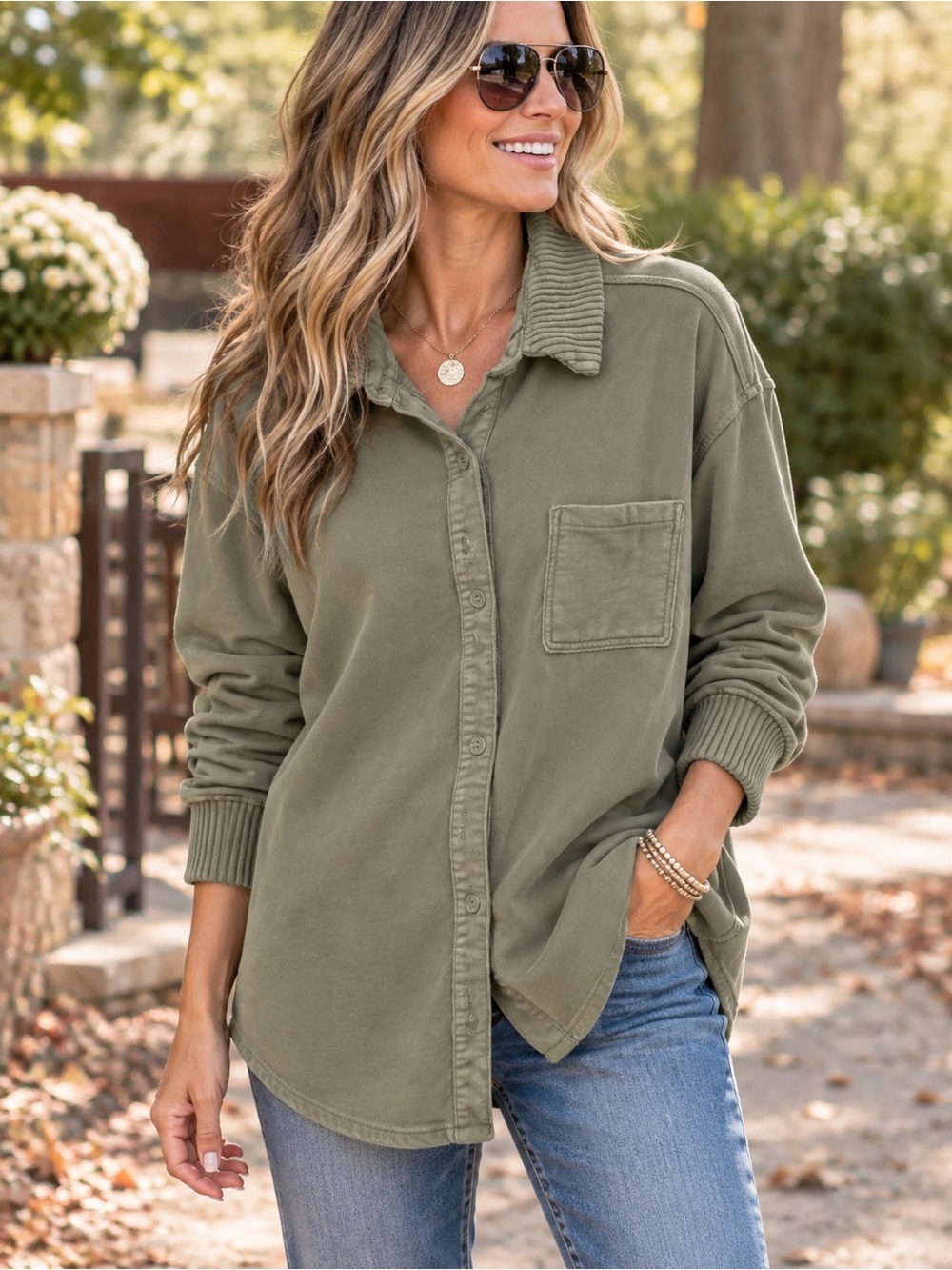 aerie Olive Green Oversized Button Front Shacket Ribbed Collar